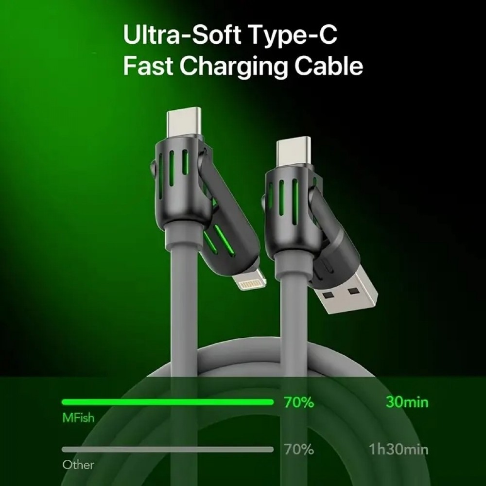 Câble USB 4-en-1 charge rapide 30W | USB-C vers USB silicone anti-nœuds LED RVB compatibilité multi-appareils et durable (2 m) - Gris